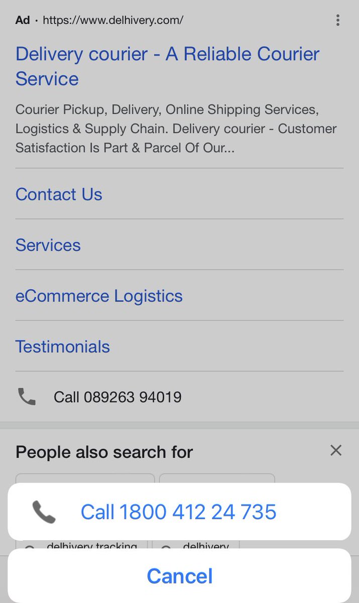 ⁦<a href="/help_delhivery/">helpdesk_delhivery</a>⁩ ⁦<a href="/delhivery/">Delhivery</a>⁩ #FraudAlert look at pic below. queried on no for Delhivery; google throws below no which diverts to another toll no &amp; u get a call back; person asks u to update location &amp; pay fees&amp; when refused the guy curses you. ⁦<a href="/MumbaiPolice/">मुंबई पोलीस Mumbai Police</a>⁩