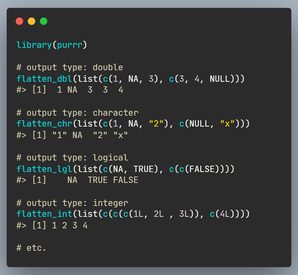 rfunctionaday's tweet image. A list is a non-atomic vector, and sometimes you may wish to convert (or flatten) it to an atomic one.
The {flatten} function family from {purrr} 📦 provides helpers to do this with type stability! 🗜
purrr.tidyverse.org/reference/flat…
#rstats #DataScience
