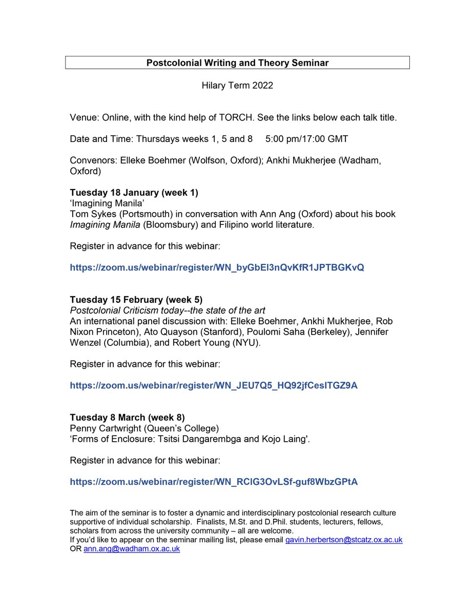 PocoSeminarOx's tweet photo. Announcing 3 exciting seminars for term, including a panel on Postcolonial Criticism today--the state of the art, with Elleke Boehmer, Ankhi Mukherjee, Rob Nixon (Princeton), Ato Quayson (Stanford), Poulomi Saha (Berkeley), Jennifer Wenzel (Columbia) &amp; Robert Young (NYU) - 15 Feb https://t.co/Nm5wFA5foJ
