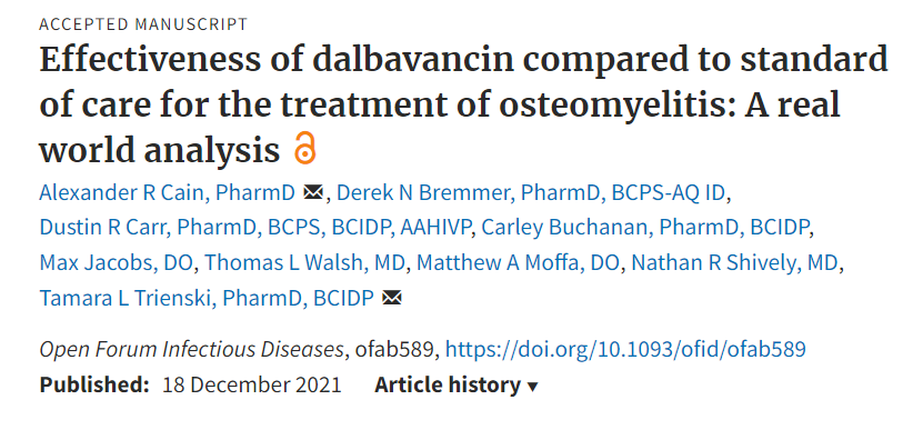IDSAInfo's tweet photo. OFID: Compared to standard-of-care regimens for the treatment of osteomyelitis, dalbavancin had similar cure rates, was well tolerated and was associated with shorter lengths of stay. 

📄:https://t.co/yd8Qk6eIYY #IDSAJournals 

@PaulSaxMD @DrJLi @Keith_S_Kaye @alexcain79 https://t.co/QVVHrdh7ye