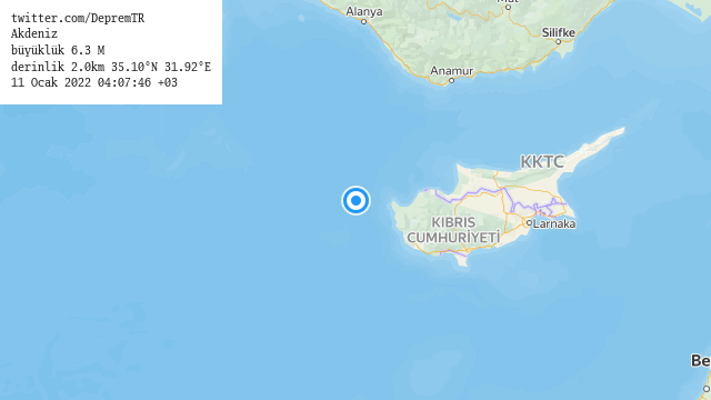 Akdeniz
büyüklük 6.3 M (4 dk önce)
derinlik 2.0km 35.10°N 31.92°E
11 Ocak 2022 04:07:46 +03
#deprem