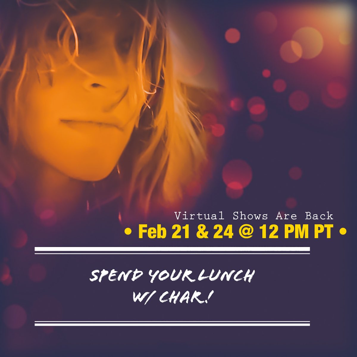 charmarmusic's tweet photo. Virtual shows w/ Char are back!
Invite 3 friends to spend lunch listening to your fav songs, talking about your fav moments & whatβs next for both you and her as #SomethingLikeAVoiceLesson grows and she continues work on the #NewAlbum!
Limited π«!
https://t.co/jShug9vLFc https://t.co/SdtiOixEEq