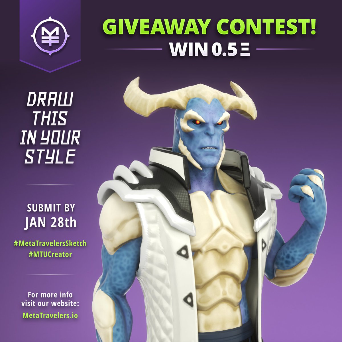 MetaTravelers's tweet photo. 🚨Contest Alert! Enter for a chance to win Ethereum!
👉🏽To enter use the pic and #drawthisinyourstyle
👉🏽SUBMIT it on our website https://t.co/bMQudYJaP9 &amp; post it on IG/Twitter, TAG US &amp; use #MetaTravelersSketch
💥Contest ends JAN28 see https://t.co/oSyJUQIzyM for more info 
#NFTs https://t.co/qFHsFkkXpB