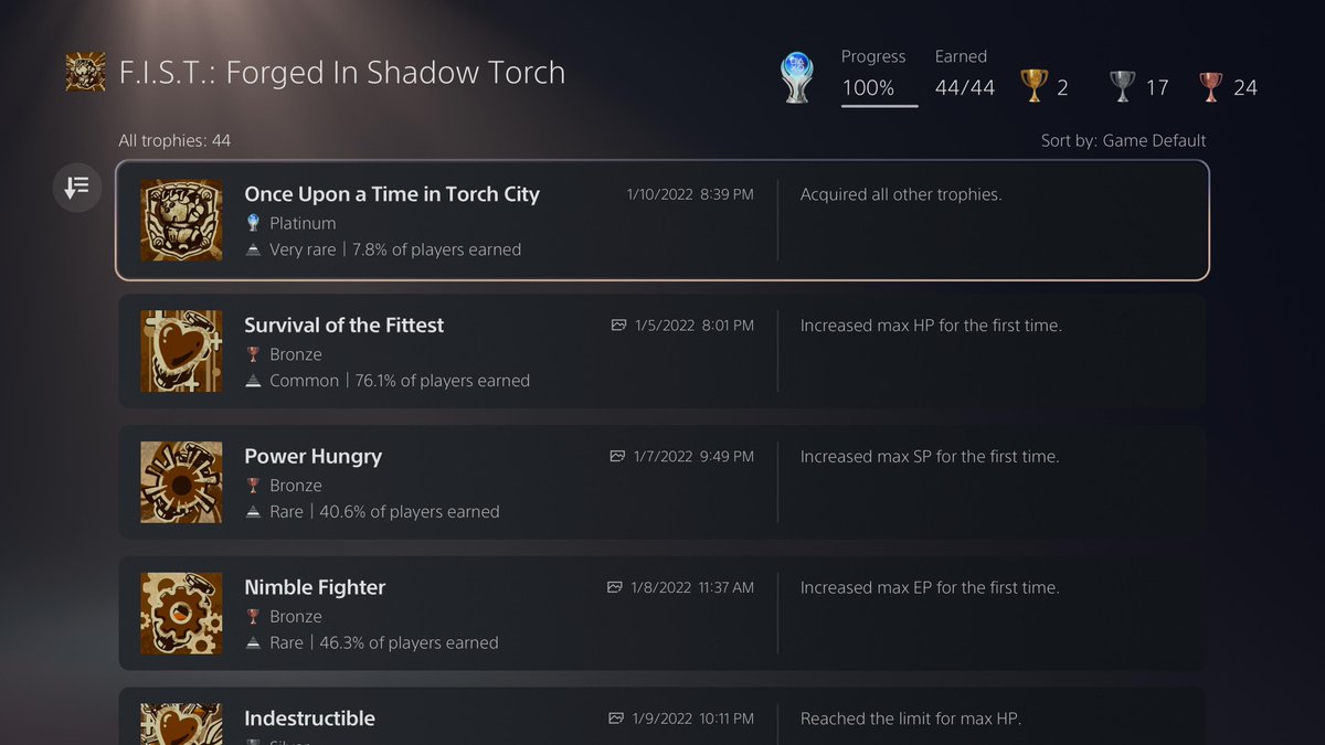Platinum number 112 - F.I.S.T.: Forged In Shadow Torch. I love a metroidvania, and this is a great one. #PlayStationTrophy #PS5Share #FIST #FISTthegame