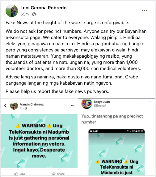 LOOK: Vice President Leni Robredo on Facebook slams fake news about the OVP’s Bayanihan e-Konsulta initiative allegedly gathering personal information of voters.

"We cater to everyone. Walang pinipili. Hindi pa eleksiyon, ginagawa na namin ito," Robredo wrote.