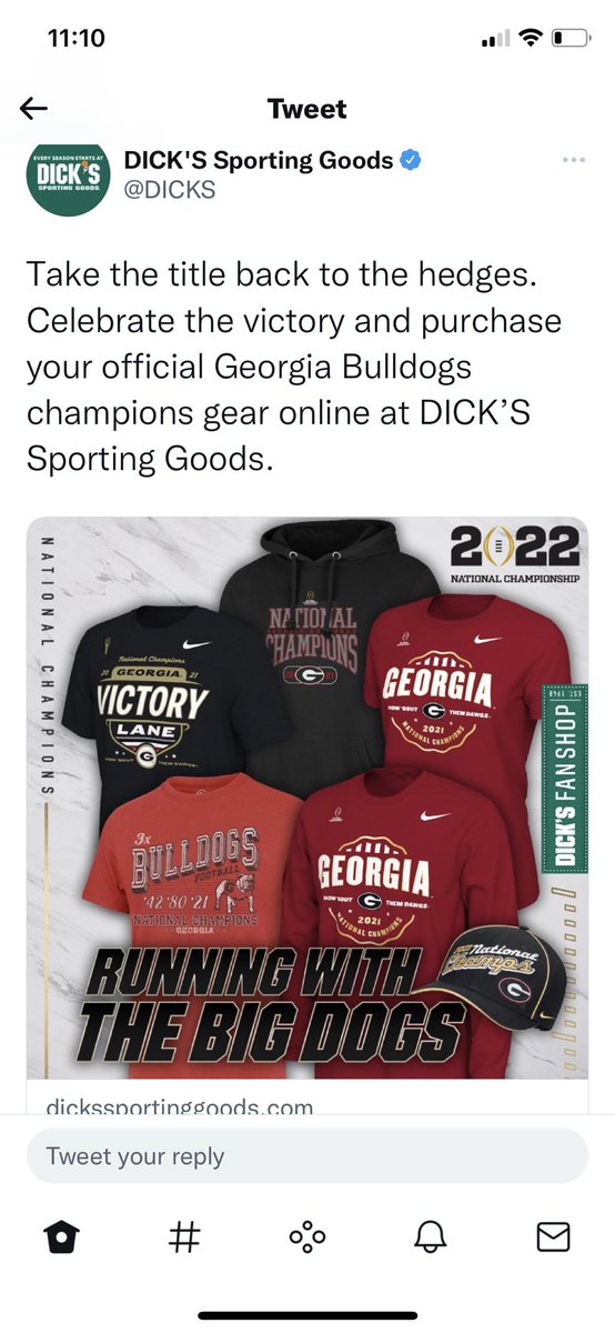 Shoutout to the @dickssportingss intern who posted this an hour before the game was over. Do you happen to know the powerball numbers too? #NationalChampionship https://t.co/WoASYRl4ZY