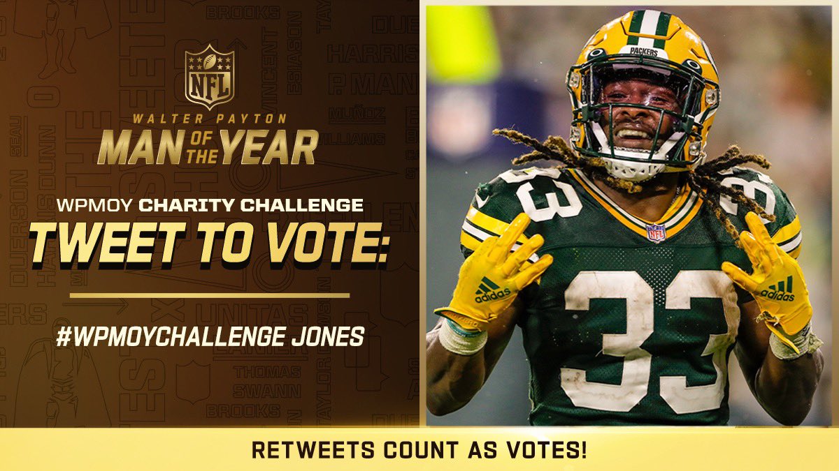 Green Bay Packers (@packers) on Twitter photo #WPMOYChallenge + Jones
#WPMOYChallenge + Jones
#WPMOYChallenge + Jones
RETWEET to help <a href="/Showtyme_33/">Aaron Jones 3️⃣3️⃣</a> win a $25,000 donation to the charity of his choice! #WPMOYChallenge + Jones
#WPMOYChallenge + Jones
#WPMOYChallenge + Jones
RETWEET to help <a href="/Showtyme_33/">Aaron Jones 3️⃣3️⃣</a> win a $25,000 donation to the charity of his choice!