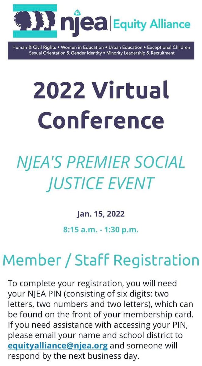 📌The NJEA  Equity Alliance Conference will now be held as a virtual experience on Saturday, Jan. 15, 2022 between 8:15 a.m. - 1:45 p.m.

 📌The  registration window has been reopened until Thursday, Jan. 13 at 11:59 p.m. 

web.cvent.com/event/7f0601ac…