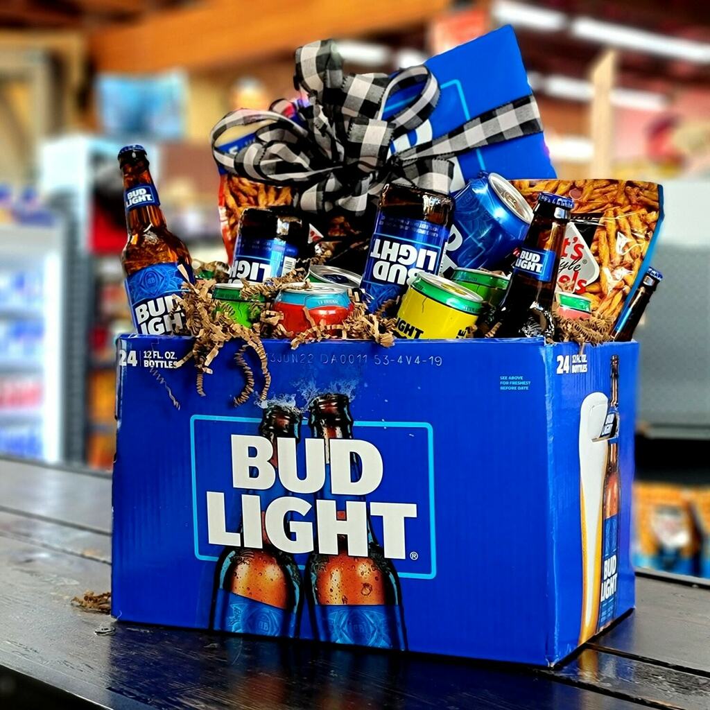 Bear on Twitter: "Did you know we make custom Gift Baskets? Here's example of one we today for a Bud Light fan! #bravethecave Light https://t.co/0W1OeTFEFK" / Twitter