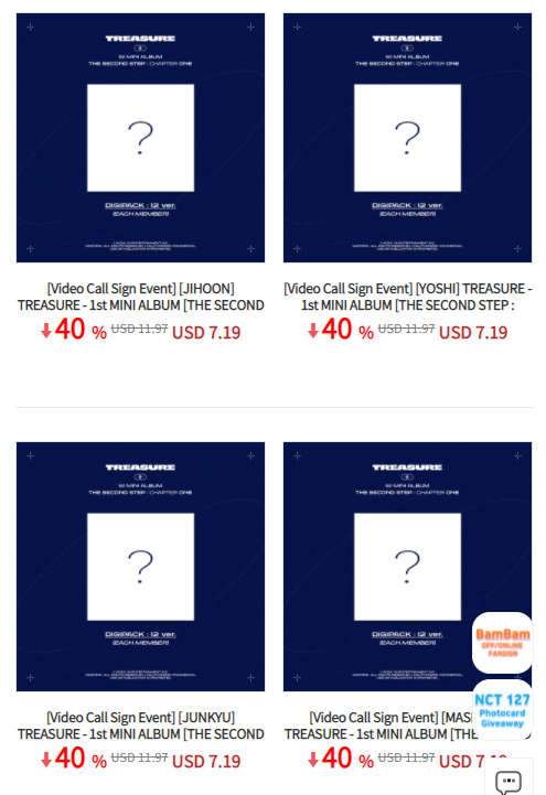 Ktown4u_main's tweet photo. 🔔KTOWN4U  x @TREASUREunion

TREASURE - 1st MINI ALBUM [THE SECOND STEP : CHAPTER ONE] (DIGIPACK Ver.) / (PHOTOBOOK Ver.) / (KiT ALBUM)

✔️Video Call Sign Event
✔️Off-Line Sign Event
✔️KTOWN4U Pre-order benefit
✔️Member option

👉40% OFF LINK - https://t.co/0kwBY8A9IB https://t.co/14WhBmlgGO