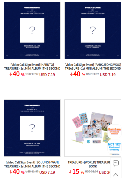 Ktown4u_main's tweet photo. 🔔KTOWN4U  x @TREASUREunion

TREASURE - 1st MINI ALBUM [THE SECOND STEP : CHAPTER ONE] (DIGIPACK Ver.) / (PHOTOBOOK Ver.) / (KiT ALBUM)

✔️Video Call Sign Event
✔️Off-Line Sign Event
✔️KTOWN4U Pre-order benefit
✔️Member option

👉40% OFF LINK - https://t.co/0kwBY8A9IB https://t.co/14WhBmlgGO