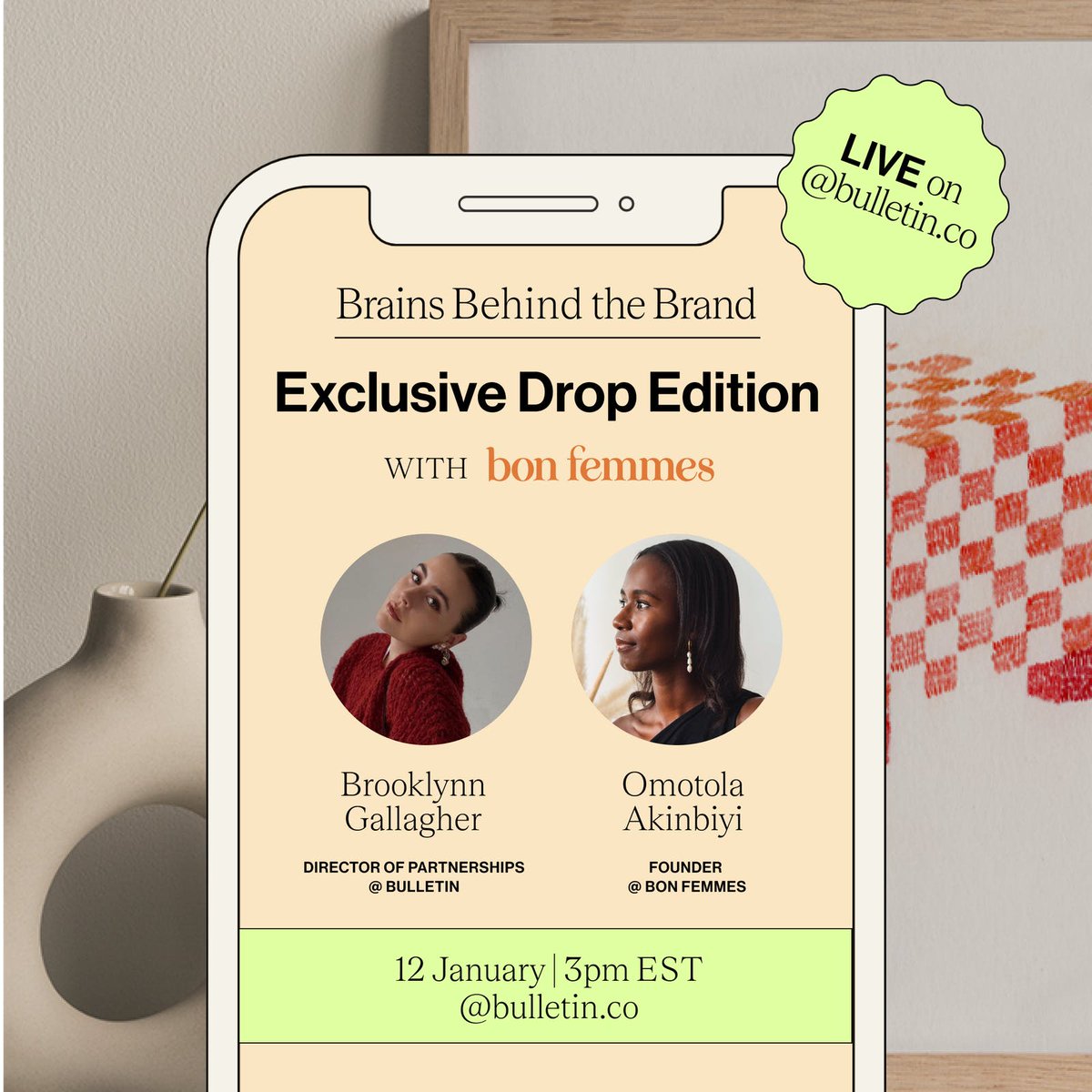 bynorby_'s tweet photo. Join Brooklynn from @bulletin_co + Omotola from Bon Femmes for Brains Behind the Brand, an IG Live conversation to discuss all things entrepreneurship, art, design, being both a wholesale buyer AND a vendor, and more. Wednesday 1/12 @ 3PM EST. https://t.co/PdcUxP7A2O https://t.co/wSJtkAYNgU