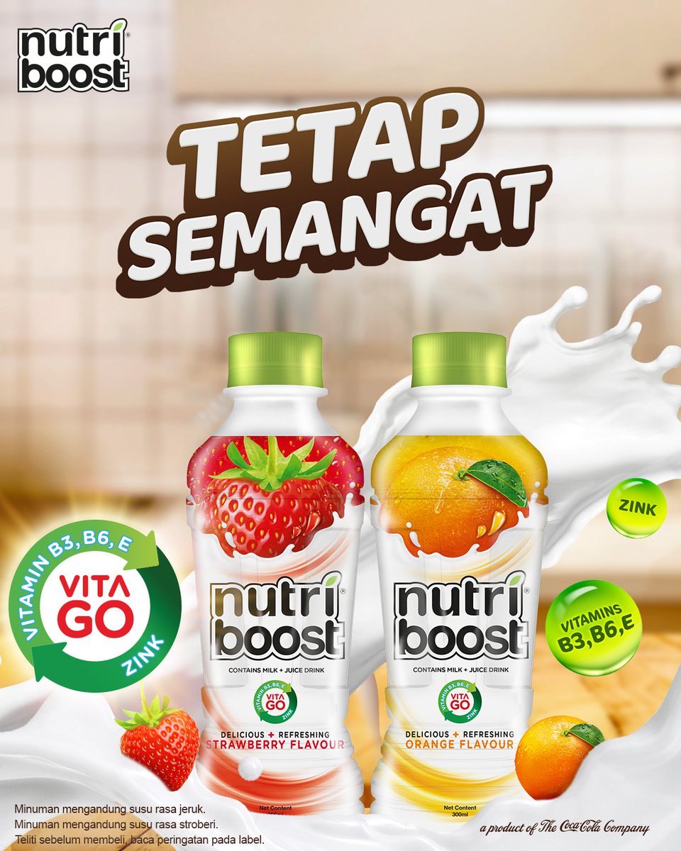 Lagi banyak kerjaan? Kamu perlu #TetapSemangat untuk menjalani kesibukan hari ini. Ada kandungan Vitamin B3, B6, E dan Zink dalam  NUTRIBOOST yang enak buat jadi penyemangatmu beresin semua kerjaan.

Tersedia dalam rasa stroberi dan jeruk.