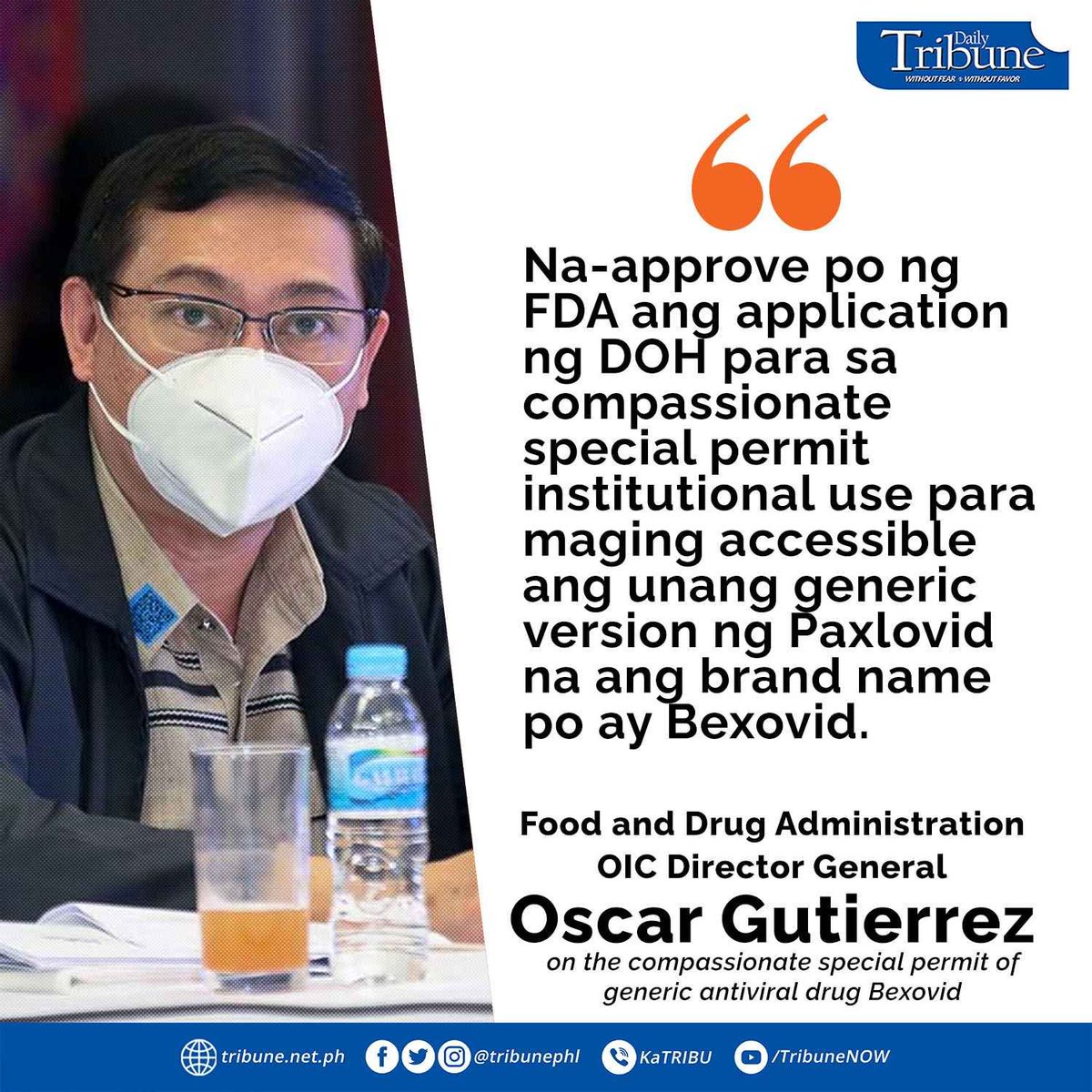 dyaryotirada's tweet photo. Food and Drug Administration OIC Director General Oscar Gutierrez on the compassionate special permit of generic antiviral drug Bexovid

#bexovid 
#DailyTribune https://t.co/zp3fTjqpLn