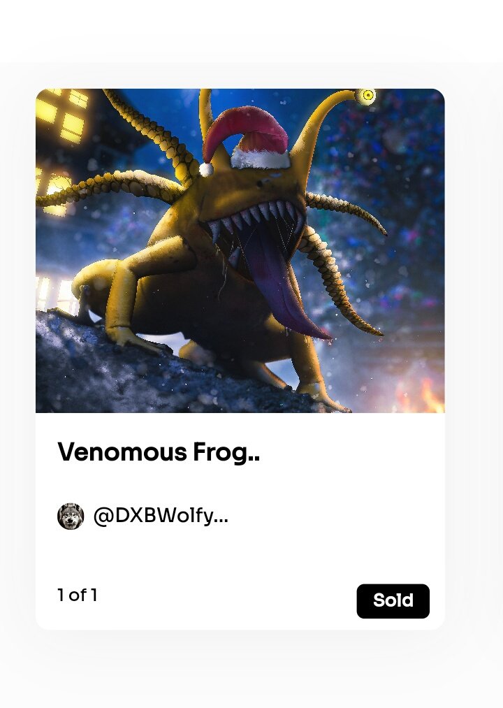 A very good morning guys, the piece "Venomous Frog" has been sold now and collected by DXBWolfy on <a href="/vibraniums_/">Vibraniumᵍᵐ</a> 
Thank you so much to each and everyone who supported me 🙏❤, first sale of this year.
#NFTCommumity #NFTartist #nftcollectors #vibraniumsnft