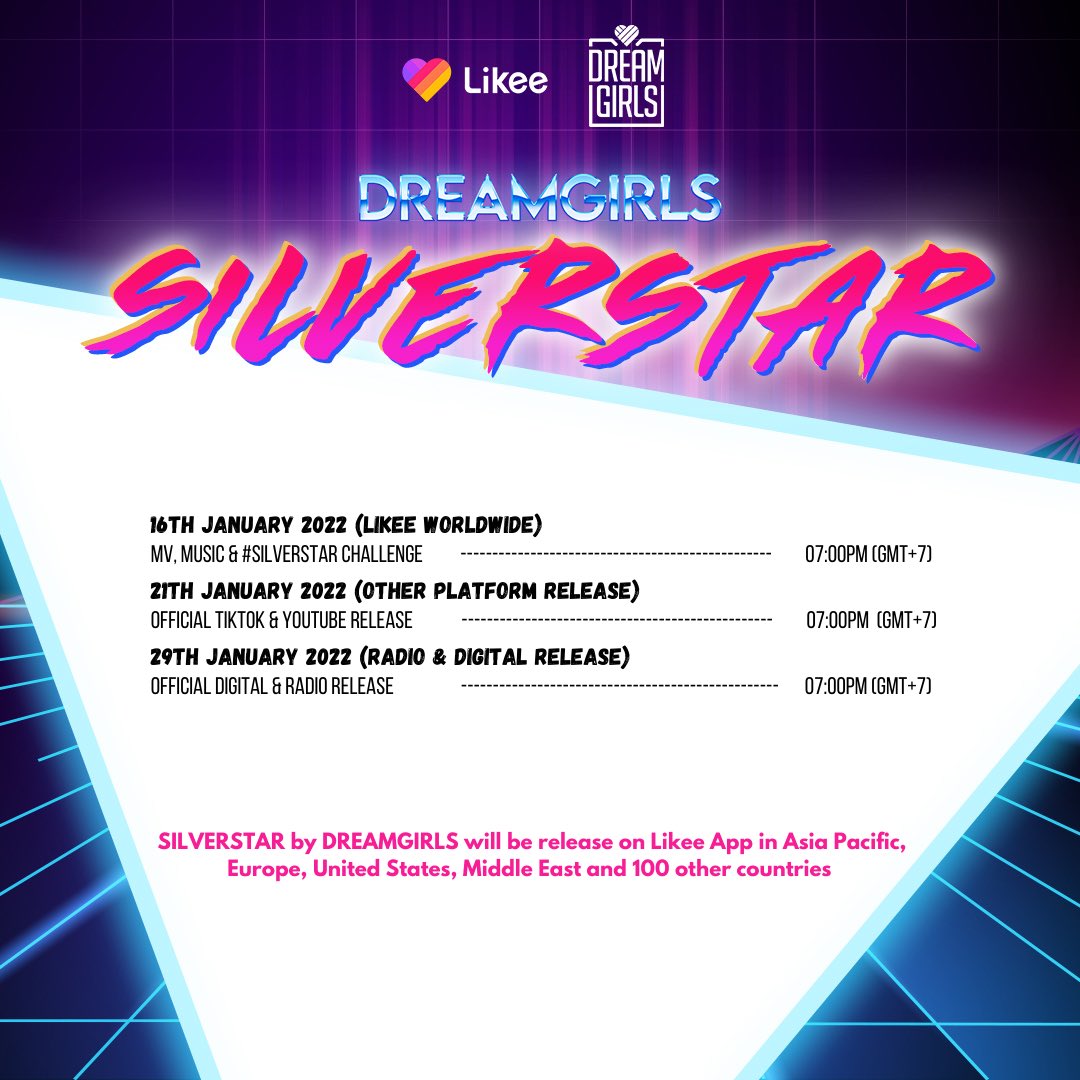 DREAMGIRLS_INDO's tweet photo. “SILVERSTAR” ⭐ by Likee’s DREAMGIRLS is coming your way!
Siapa yang udah gak sabar liat comeback @DREAMGIRLS_INDO?
Save the date ya, Moonlight! 💜🌙

#SILVERSTAR #DREAMGIRLSIndonesia #LikeeIndonesia https://t.co/Hcvysukozc