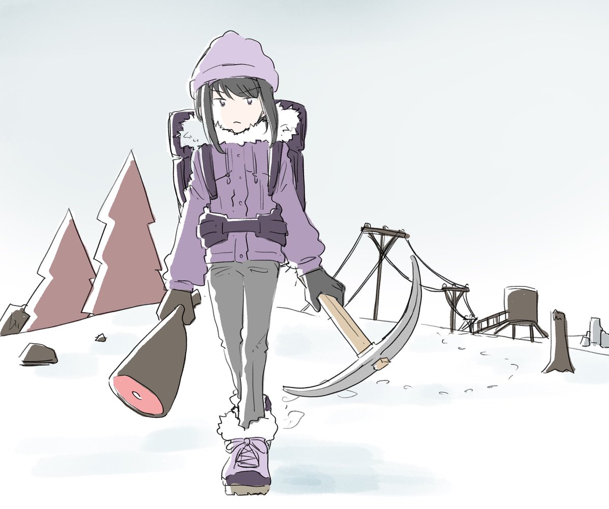 1girl solo holding gloves black hair hat snow  illustration images