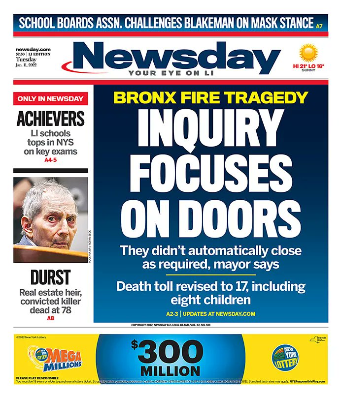 Tuesday's Newsday cover: Investigators are examining why safety doors at Sunday's deadly apartment fire in the Bronx failed to close automatically as required by law, allowing choking smoke to fill the building and kill 17 people, Mayor Eric Adams said. https://t.co/YPjLZPQMjO https://t.co/bDF2NEn2Z1