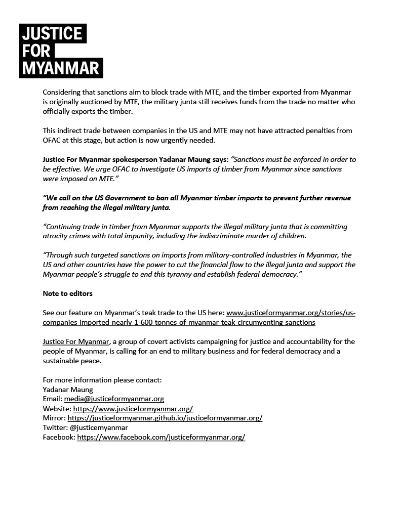 JusticeMyanmar's tweet photo. Press Release📣 US sanctions failing to prevent timber trade w/ #Myanmar since coup attempt. US biz have imported nearly 1,600 tonnes of teak from Myanmar since Feb 2021, circumventing sanctions on Myanma Timber Enterprise. Ban Myanmar timber imports! https://t.co/NufVnuOKHv https://t.co/un4lSnZsEx