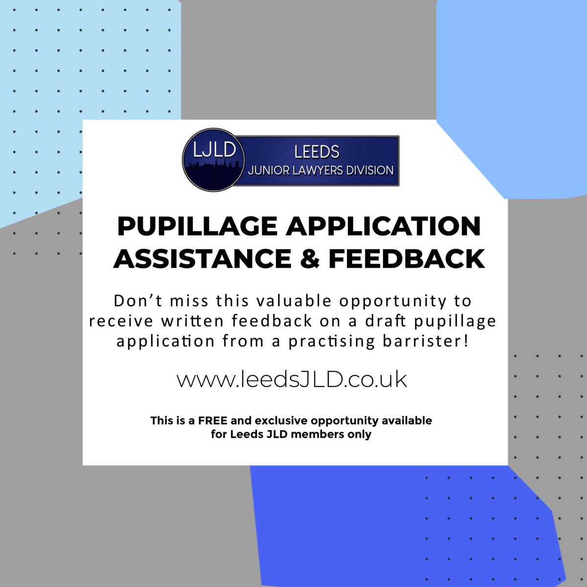 JLDLeeds's tweet image. Don't miss this valuable opportunity to receive written feedback from a barrister on a draft pupillage application prior to submitting your application on the pupillage gateway!
 
Only 15 places available - sign up here: leedsjld.com/events 
(Leeds JLD members only)