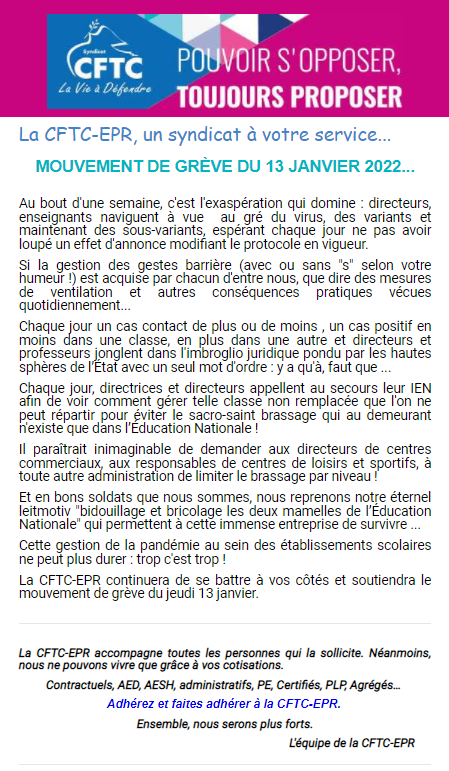 SyndicatCFTC's tweet photo. Retrouvez le communiqué de presse de la @CFTC_EPR qui s'associe à l'appel à la grève du 13 Janvier pour contester la gestion de la pandémie de #COVID19 dans les établissements scolaires.
#autotests #protocolesanitaire https://t.co/xxoZLeK8SW