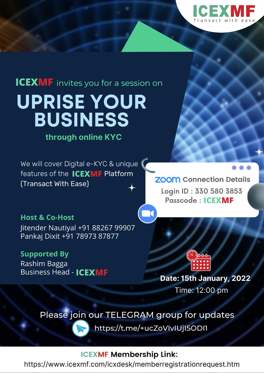 Jitender Nautiyal (@jitender_nauty) on Twitter photo ICEXMF invites you for a session to Grow your MF business.
@vipyddn <a href="/pankajdixitlko/">Pankaj Dixit</a> <a href="/ICEXofficial/">ICEX</a> <a href="/MFSahiHai/">Mutual Funds Sahi Hai</a>
#DigitalTransformation #mutualfunds #icex #amfi #growth #bussiness ICEXMF invites you for a session to Grow your MF business.
@vipyddn <a href="/pankajdixitlko/">Pankaj Dixit</a> <a href="/ICEXofficial/">ICEX</a> <a href="/MFSahiHai/">Mutual Funds Sahi Hai</a>
#DigitalTransformation #mutualfunds #icex #amfi #growth #bussiness