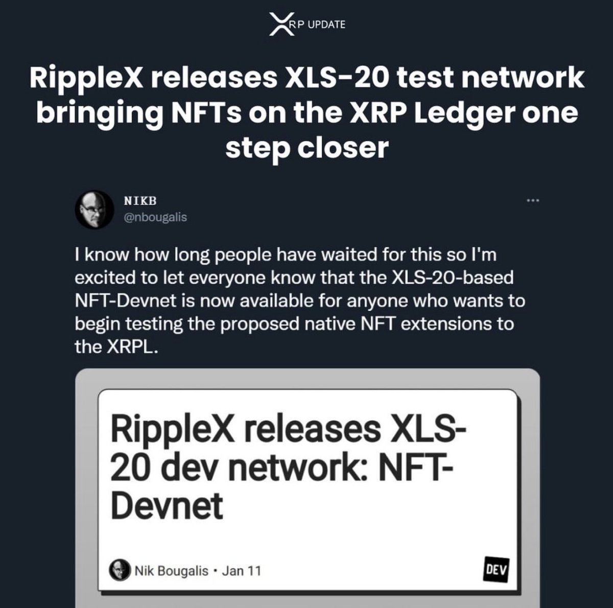 Mrtradescrypto's tweet photo. New #NFT update for the #XPPL. #Ripplex releases XLS-20 test network bringing #NFTs on the XRP ledger one step closer https://t.co/gGi7PlbWl1