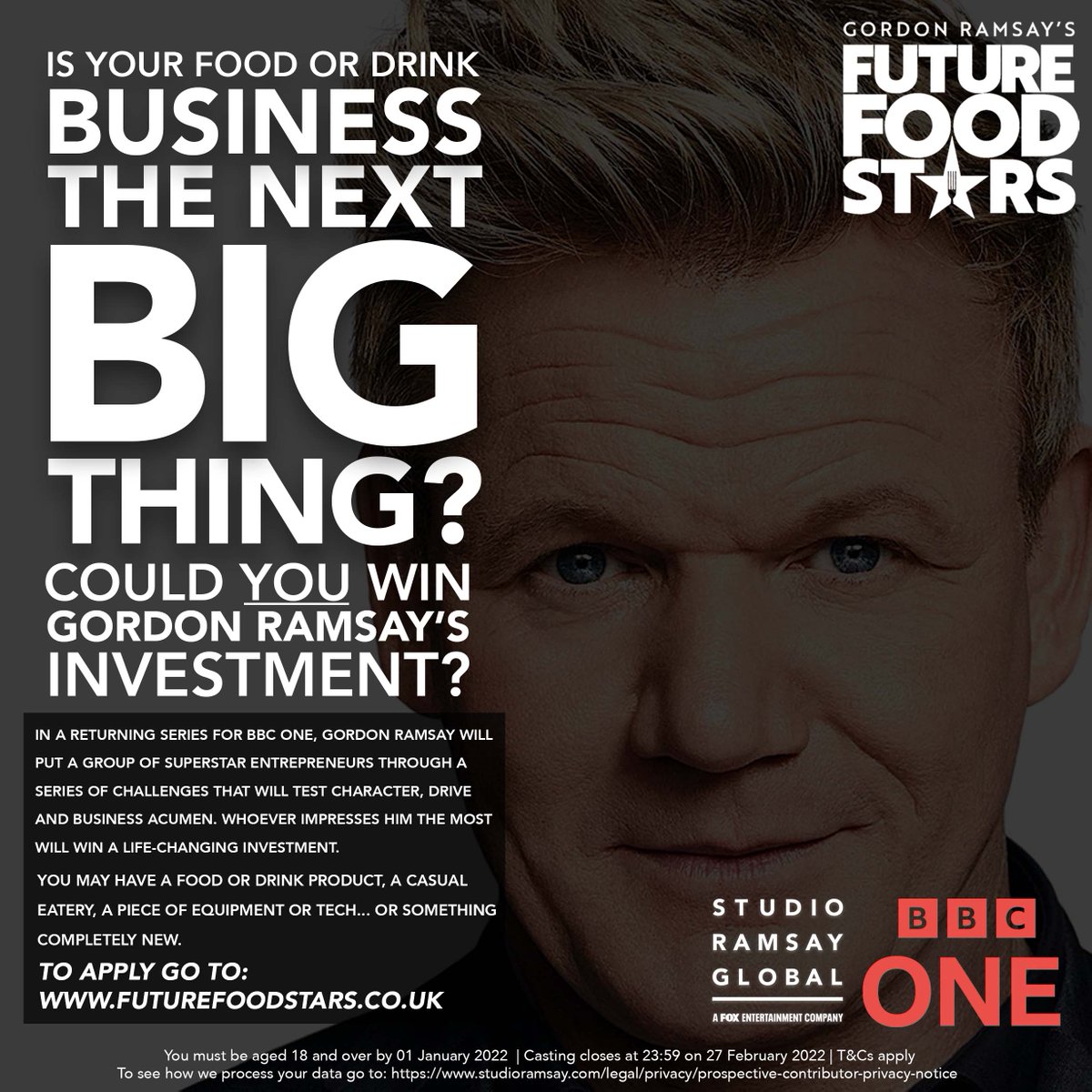 IS YOUR FOOD OR DRINK BUSINESS THE NEXT BIG THING?

The BBC are currently looking for food & drink entrepreneurs to take part in a returning BBC One competition series fronted by Gordon Ramsay. 

https://t.co/xUskMAl6kZ https://t.co/GhWEYQbeLG