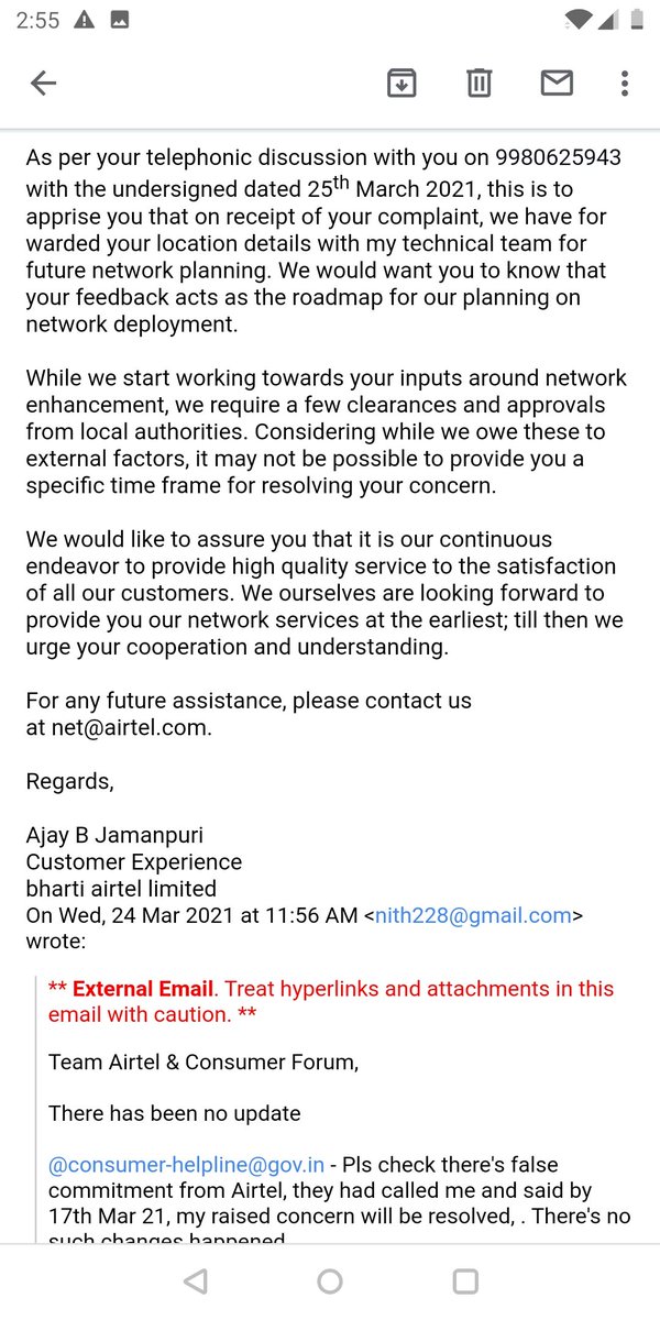Nithin22Kumar's tweet photo. @Airtel_Presence I have been hearing since last year. Refer to email screen shot. It's high time now. You need to compensate on the mental agony which I'm undergoing. @TRAI @GoI_MeitY @jaagograhakjago #gopalvittal @consumerforum @PMOIndia @airtelnews https://t.co/MiG5Ievssz