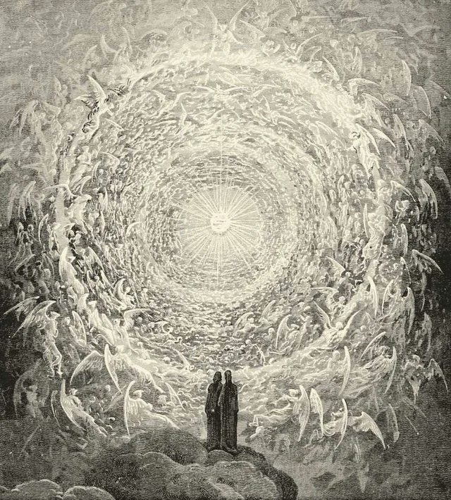 TheChrisLambert's tweet photo. Here we see Gustave Dore’s interpretation of Heaven from the Divine Comedy, next to the draft visual of Kanye’s Heaven and Hell video, vs the final visual from Heaven and Hell. https://t.co/9geC7EB8zU