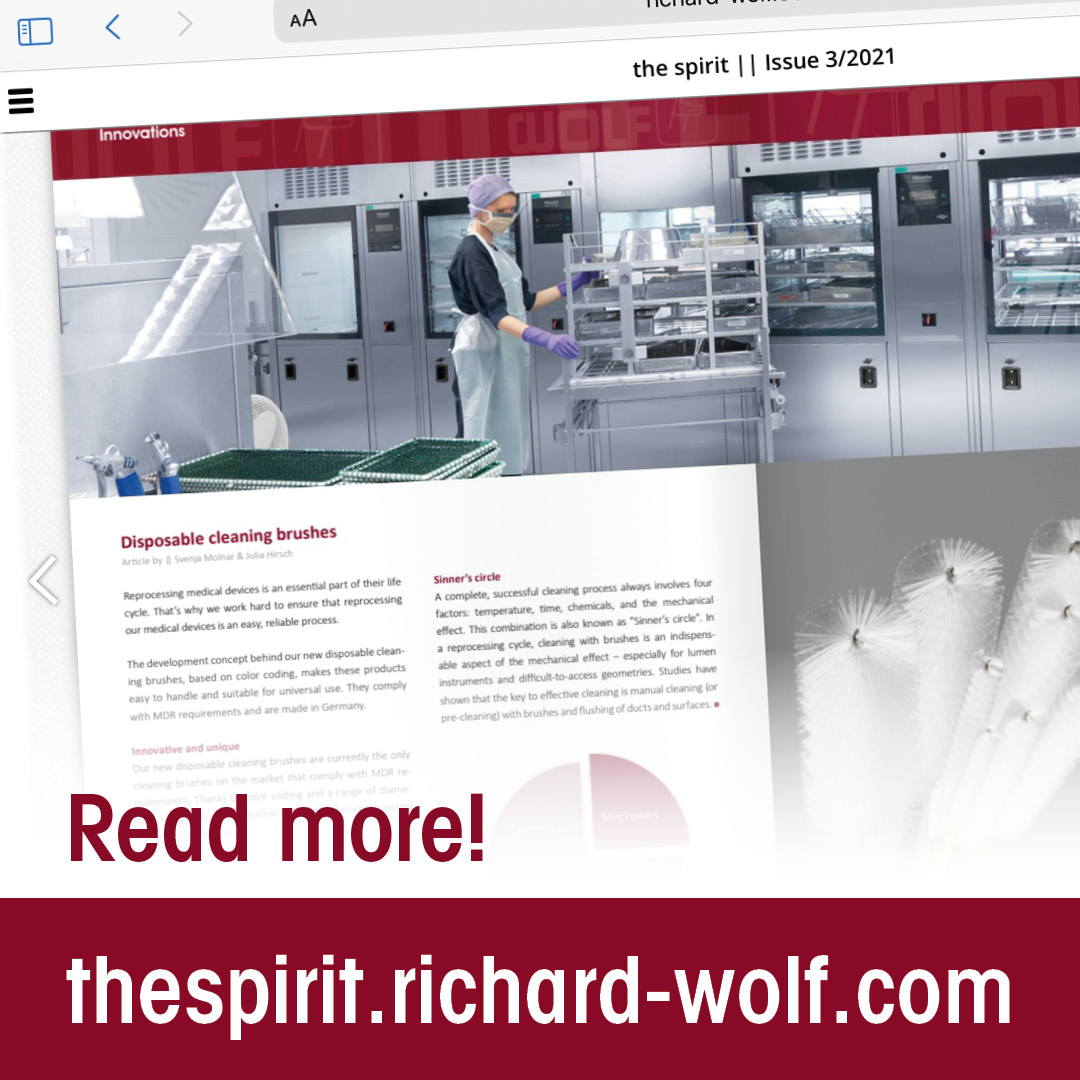 Learn more about the concept of our new disposable cleaning brushes in the latest issue of our eMagazine 'the spirit'. 🐺 Please go here 👉bit.ly/3q61smy #RichardWolf #RichardWolfGroup #TheSpirit #emagazine #Reprocessing #medicine #MDR