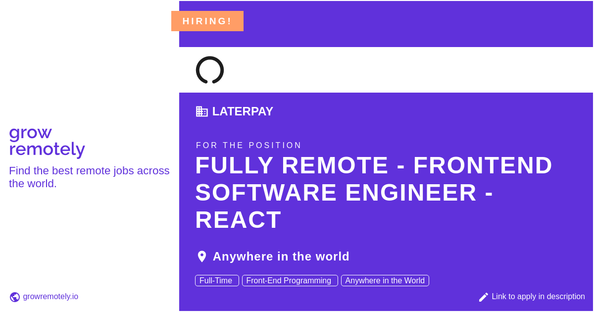 growremotelyio's tweet photo. Check out this job at Laterpay for the position Fully Remote - Frontend Software Engineer - React.
Apply link: https://t.co/aiFCUkYtRr
#hiring #remotejobs #Laterpay #Programming https://t.co/EwcKqzPOfs