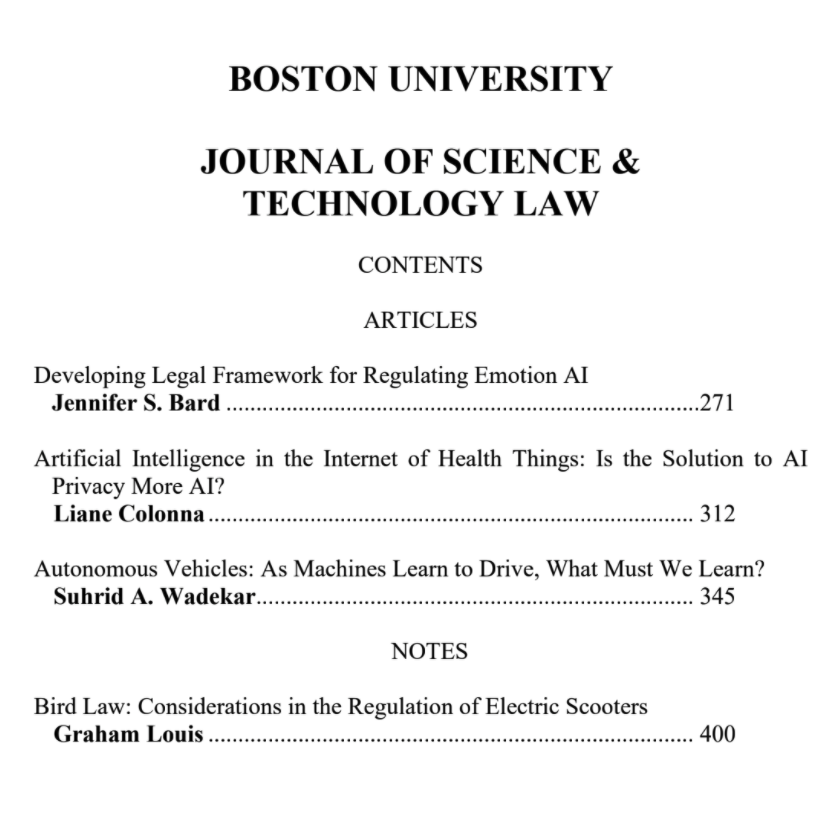 Check out our newest issue—27.2!
bu.edu/jostl/current-…

With Articles by:
• JENNIFER S. BARD (<a href="/ProfBardLaw/">Jennifer Bard</a>)
• LIANE COLONNA (<a href="/lianecolonna/">Liane Colonna</a>)
• SUHRID A. WADEKAR 

and Notes by:
• GRAHAM LOUIS