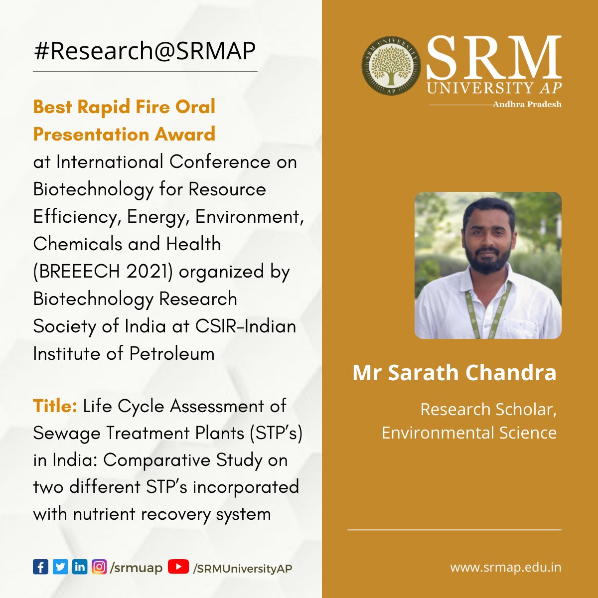 Put your hands together for this rising researcher for his commitment to making our environment better. SRMAP is proud of <a href="/sarathchandrago/">sarath chandra gowd</a>

#SRMAP #SRMUAP #ResearchAtSRMAP #EnvironmentalScience #SewageTreatmentPlants
