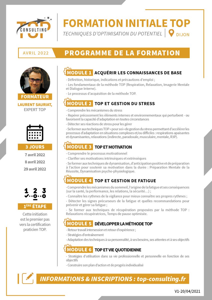 TOPCONSULTING21's tweet photo. 😇 Bonne résolution n°1 : En 2022, soyez au 🔝!!

🚨ATTENTION ! Nouvelle session de Formation Initiale aux Techniques d'Optimisation du Potentiel en Avril 2022 !🚨

N'attendez pas ! Il est temps de vous mettre aux TOP 💪!

ℹ️ Informations et inscriptions : https://t.co/mEVWUke1qD https://t.co/qb7S26AEI0