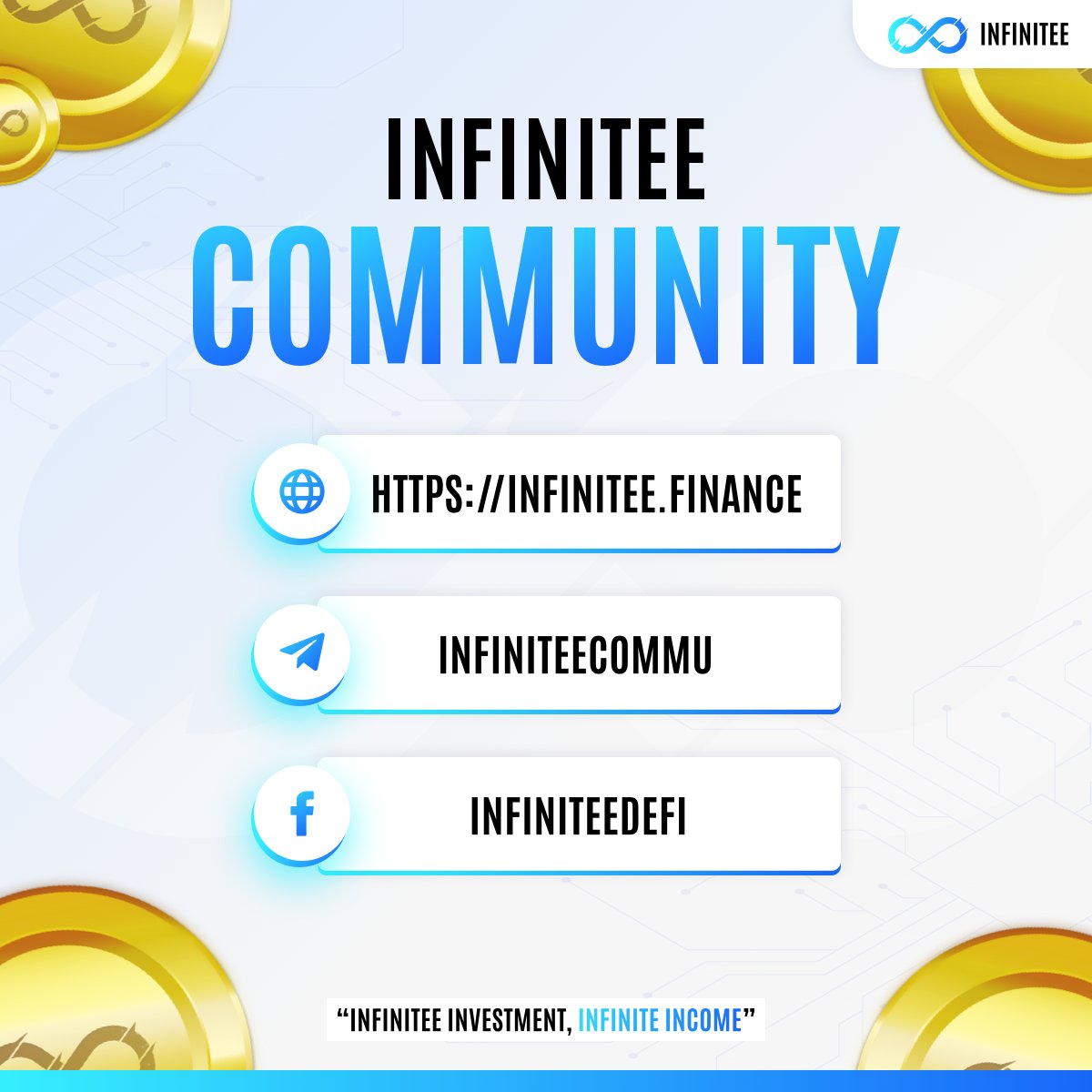 🖐Join our official social media channel &amp; community

FB 👉facebook.com/infiniteeDefi 
WEB 👉 infinitee.finance 
TG 👉t.me/infiniteecommu 

Stay tune for more INFINITEE updates❗️

#INFTEE #YieldFarming #DeFi #Vault