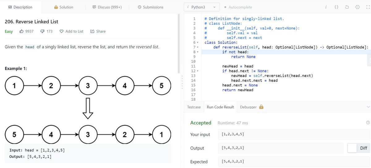 zenemm_'s tweet image. LeetCode206:
😮💨This ones based on recursion and boy it gave me a hard time.
Disappointed I end up looking up solutions for these but I spent hours trying to get it on my own, don't think writing recursive functions is something I'll ever figure out.
#100daysofcode #codesolution