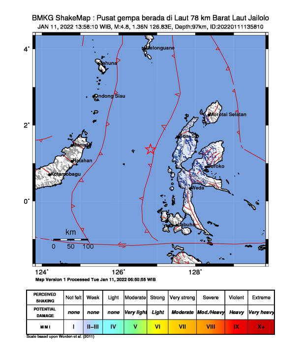 #Gempa Mag:4.8, 11-Jan-22 13:58:10 WIB, Lok:1.36 LU, 126.83 BT (Pusat gempa berada di Laut 78 km Barat Laut Jailolo), Kedlmn:97 Km Dirasakan (MMI) II-III Ternate #BMKG