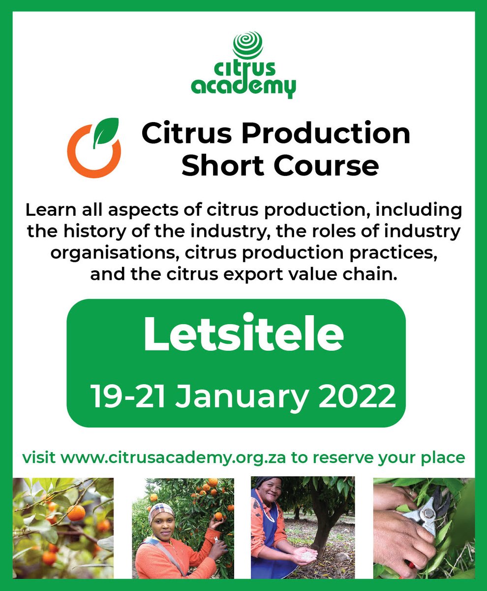 Happy New Year to all of our followers! 🍊🧡
Citrus Academy looks forward to hosting our first Citrus Production Short Course of 2022 in Letsitele next week.

Visit our website to register. 
Email Nonhle at nonhle@citrusacademy.org.za.

bit.ly/3nb1sRp

#GoTeamCitrus