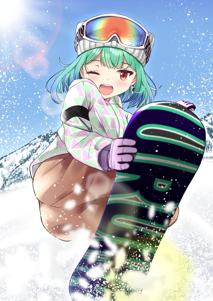 uruha rushia 1girl solo goggles green hair one eye closed snow open mouth  illustration images