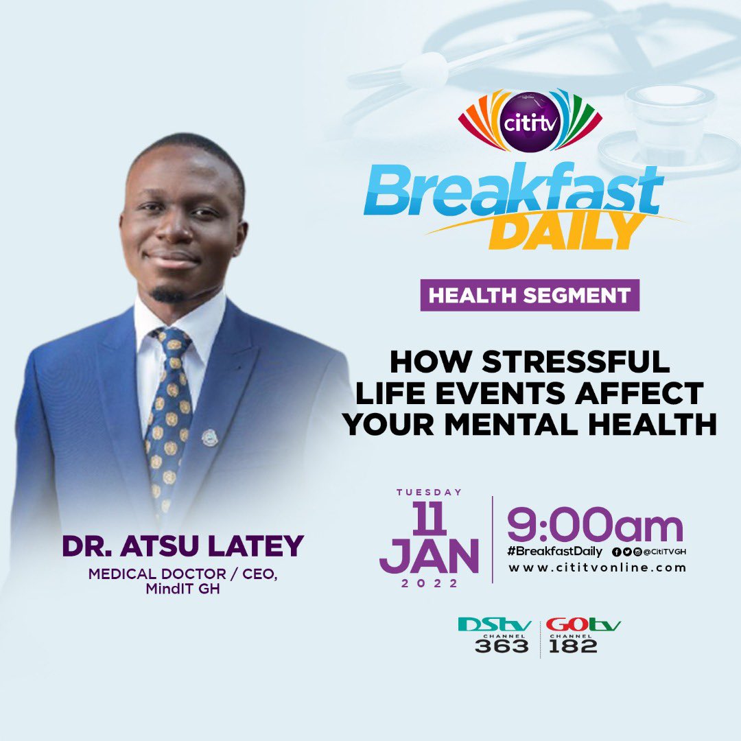 minditgh's tweet photo. Good morning! Today, we’d be discussing how stressful life events can affect one’s mental health. Do make a date with us on the CiTITV Breakfast Daily show at 9:00am. #MindITgh #MentalHealth https://t.co/YE9lgIErZU