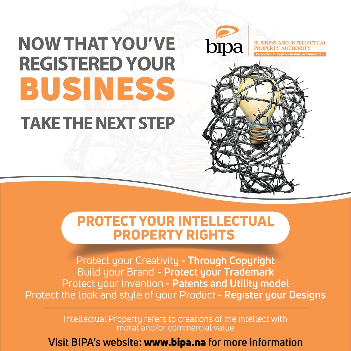 bipa_nam's tweet image. Take the next step after successfully registering your business and protect your intellectual property rights.

Visit: bipa.na/intellectual-p… to find out how.

#trademark #IP_Protection #bipa