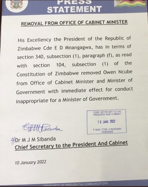 Mudha fired for conduct "inappropriate for a Minister of Government." However, in 2023 the ruling party including the President must be voted out for conduct inappropriate of a government. <a href="/daddyhope/">Hopewell Chin’ono</a> <a href="/ProfJNMoyo/">Prof Jonathan Moyo</a> <a href="/Wamagaisa/">Alex T Magaisa 🇿🇼</a>