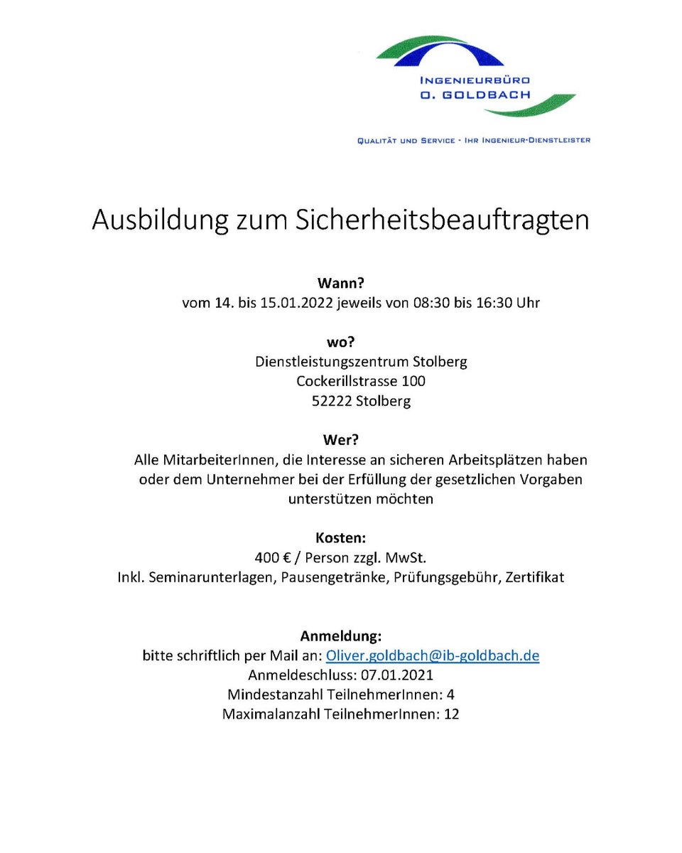 Mit Sicherheit ins neue Jahr: Schulung zum Sicherheitsbeauftragten. Es sind kurzfristig noch Plätze frei!