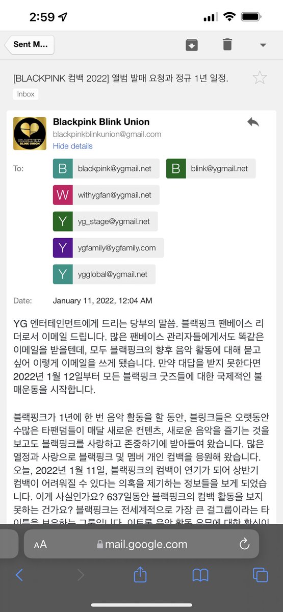 BBU_BLACKPINK's tweet photo. .@BLACKPINK Fanbases have sent an email to YGE earlier, please be informed that we intend to host an ALL OUT BOYCOTT of all BP merchandise if we don't get any response from YG in 24 hours. We hope that all BLINKS take this seriously as we want to be heard!

#BLACKPINKCOMEBACKNOW https://t.co/qj3phoOCzn