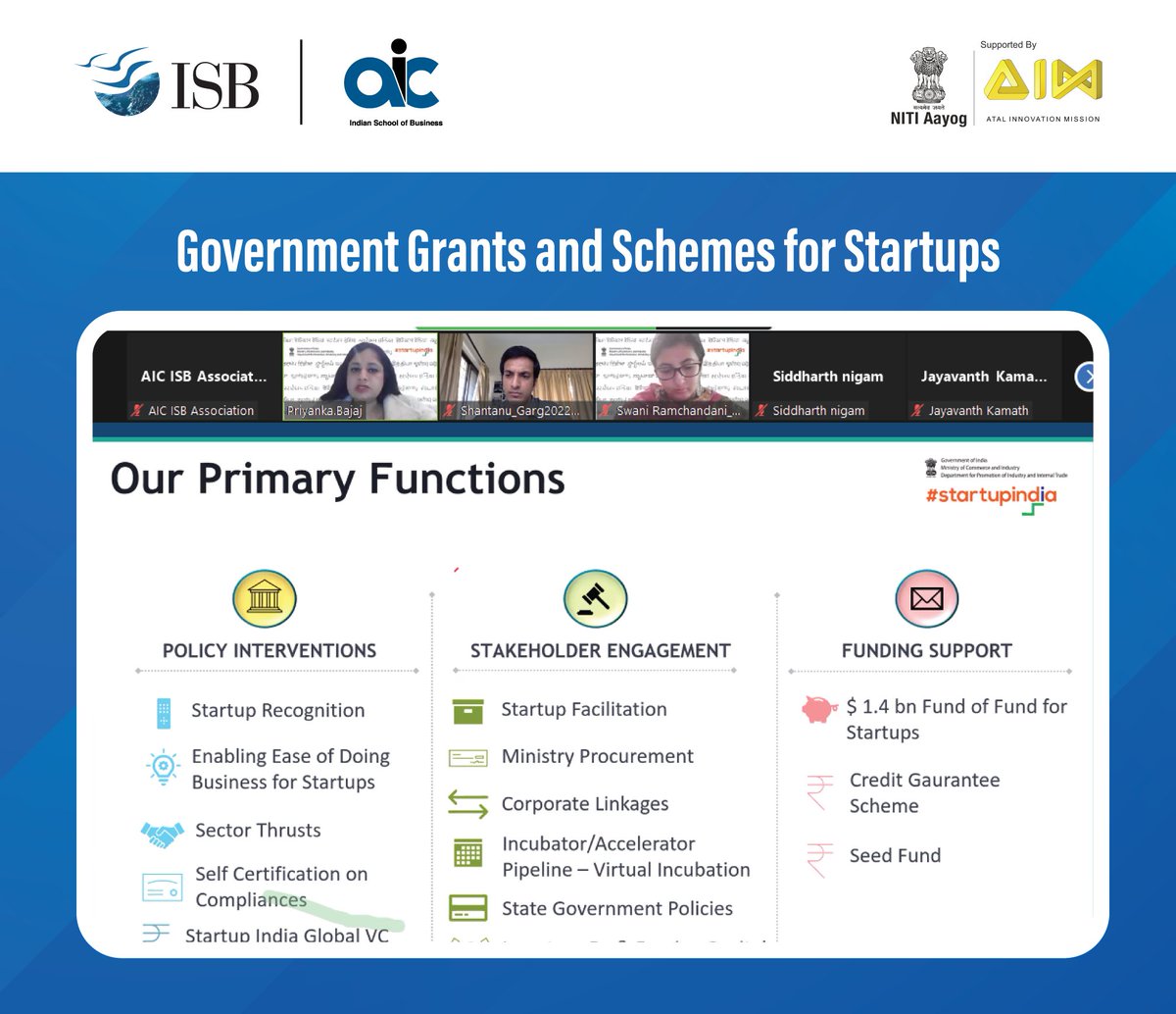 AIC at Indian School of Business (@aicisb) on Twitter photo <a href="/AICISB/">AIC at Indian School of Business</a> organized a webinar on Government Grants & Schemes for Startups on 7 Jan 2022 graced by Ms. Priyanka Bajaj & Ms. Swani Ramchandani from <a href="/startupindia/">Startup India</a>-<a href="/investindia/">Invest India</a>
We thank speakers for their time & hope the attendees gained good insights
<a href="/ISBedu/">Indian School of Business (ISB)</a> <a href="/AIMtoInnovate/">Atal Innovation Mission Official</a> <a href="/ISB_DLabs/">DLabs</a> <a href="/AICISB/">AIC at Indian School of Business</a> organized a webinar on Government Grants & Schemes for Startups on 7 Jan 2022 graced by Ms. Priyanka Bajaj & Ms. Swani Ramchandani from <a href="/startupindia/">Startup India</a>-<a href="/investindia/">Invest India</a>
We thank speakers for their time & hope the attendees gained good insights
<a href="/ISBedu/">Indian School of Business (ISB)</a> <a href="/AIMtoInnovate/">Atal Innovation Mission Official</a> <a href="/ISB_DLabs/">DLabs</a>