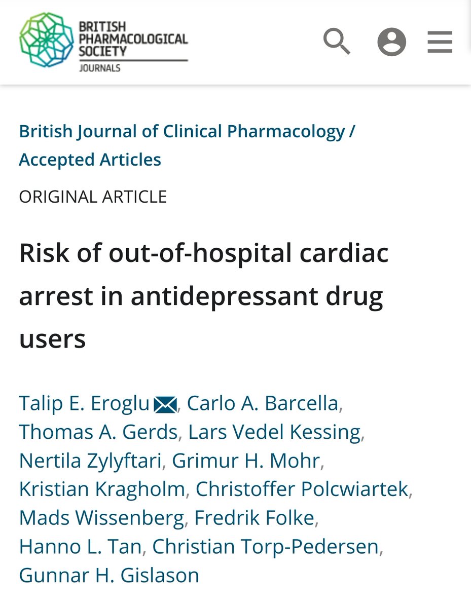 Copenhagen Cardiovascular Research Center (@copcard) on Twitter photo In this <a href="/BritJClinPharm/">British Journal of Clinical Pharmacology (BJCP)</a> sdy <a href="/TalipEmreEroglu/">Talip Eroglu</a> et al found increased #OHCA-rate 🚑 in
1️⃣ High-dose citalopram (>20 mg) HR:1.46
2️⃣ High-dose escitalopram (>10 mg) 1.43
vs sertraline
1️⃣high-dose mirtazapine (>30) HR:1.59
vs duloxetine
🔗bit.ly/3nh22gN
#CardioTwitter In this <a href="/BritJClinPharm/">British Journal of Clinical Pharmacology (BJCP)</a> sdy <a href="/TalipEmreEroglu/">Talip Eroglu</a> et al found increased #OHCA-rate 🚑 in
1️⃣ High-dose citalopram (>20 mg) HR:1.46
2️⃣ High-dose escitalopram (>10 mg) 1.43
vs sertraline
1️⃣high-dose mirtazapine (>30) HR:1.59
vs duloxetine
🔗bit.ly/3nh22gN
#CardioTwitter