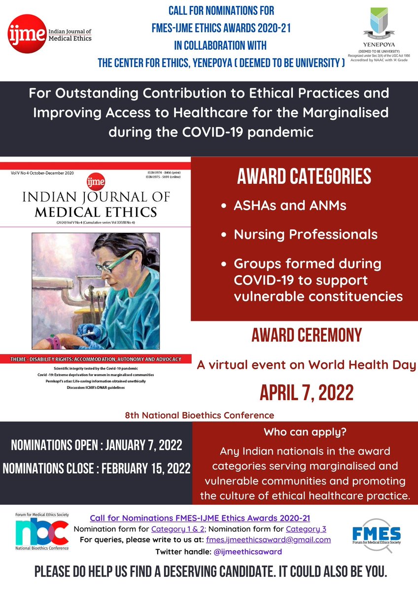 Call for nomination for the FMES-IJME Ethics Awards 2020-21 in collaboration with <a href="/CFE_YU/">Centre for Ethics</a>.

Three <a href="/ijmeethicsaward/">fmesijmeethicsaward</a> will be conferred to honor the contributions made during the pandemic over the past two years.

Help us find a deserving candidate!

Details: ijme.in/nbc-20140321/i…