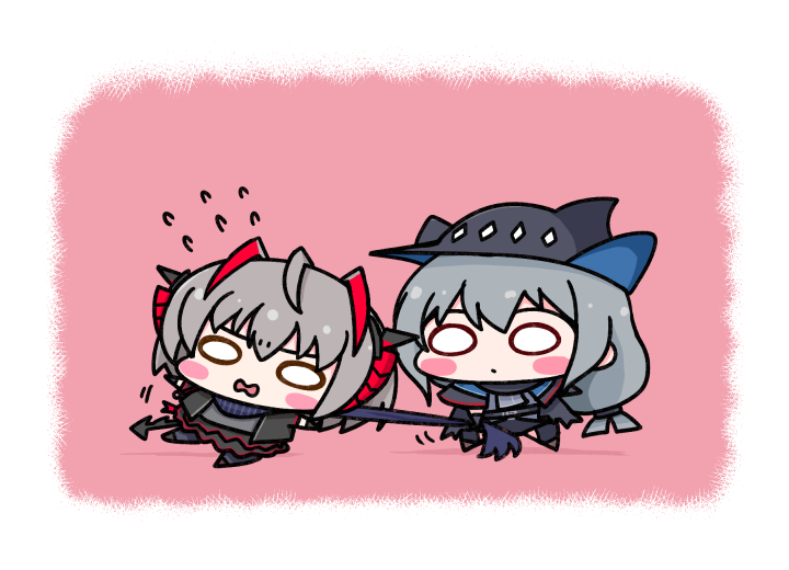 w (arknights) multiple girls 2girls chibi horns grey hair blush stickers demon tail  illustration images