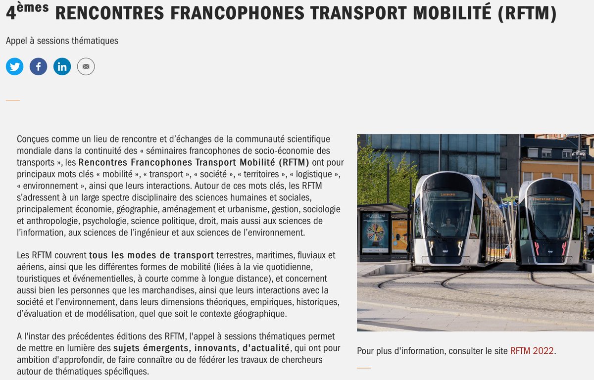 N'hésitez pas à proposer vos sessions thématiques avant le 21 janvier !

4èmes Rencontres Francophones Transport Mobilité (RFTM) liser.lu/index.cfm?type… via <a href="/LISERinLUX/">LISER</a> 

<a href="/Liser_UDM/">LISER's Dept. of Urban Development and Mobility</a> 
<a href="/LISERinLUX/">LISER</a> 
<a href="/epflENAC/">EPFL-ENAC</a> 
<a href="/Trace_EPFL/">EPFL Transportation Initiative</a>